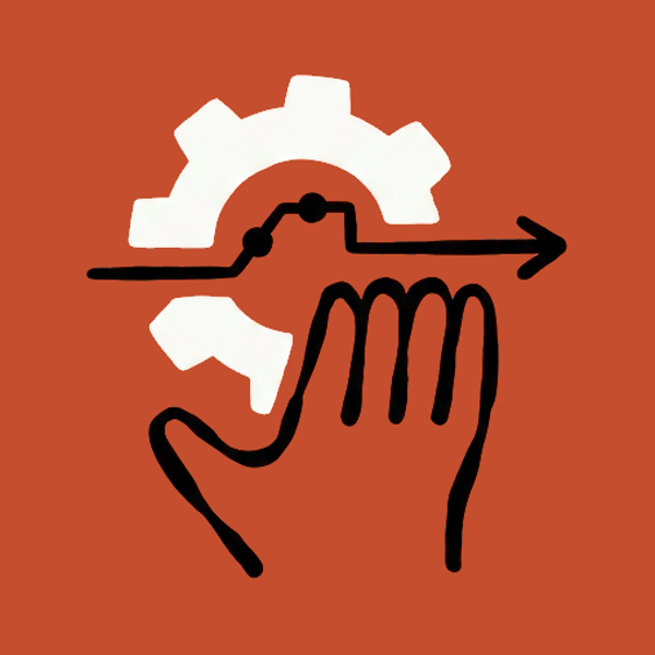 A hand turning a gear, an arrow moving forward.